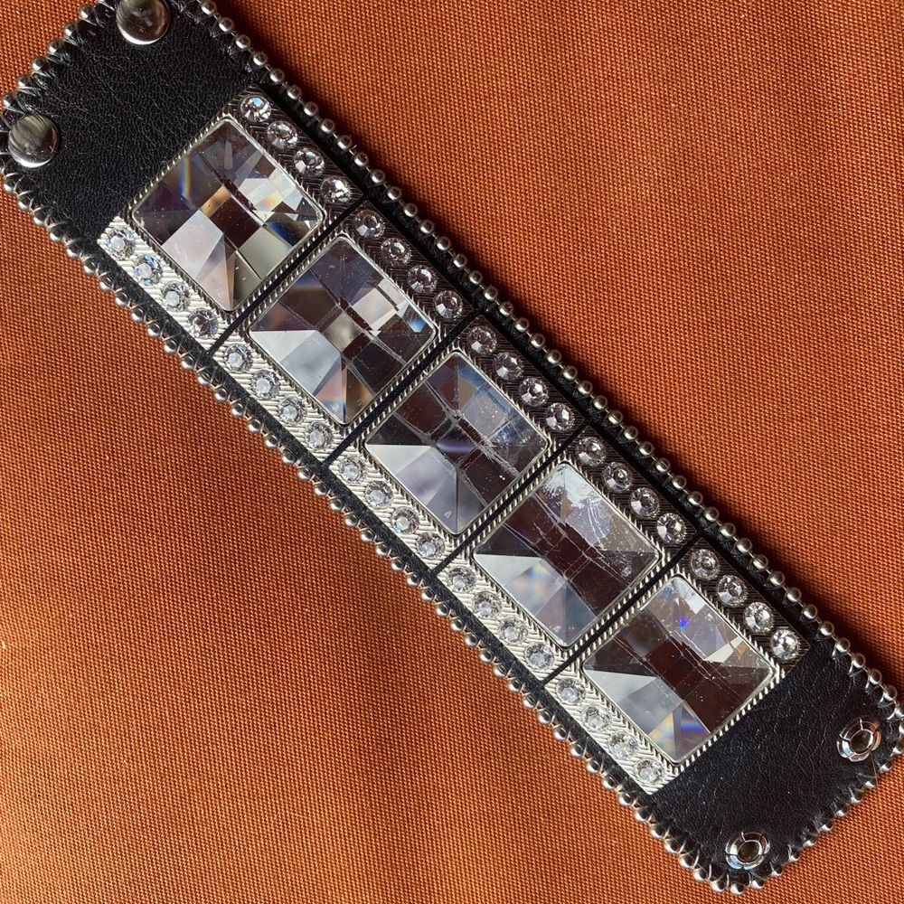 Swarovski crystal, black leather crystal cuff/ bracelet.